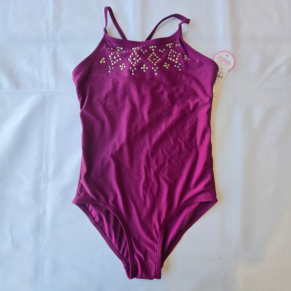 Justice UPF 50+ girls maroon one piece swimsuit w/rhinestone accents /14 (US)